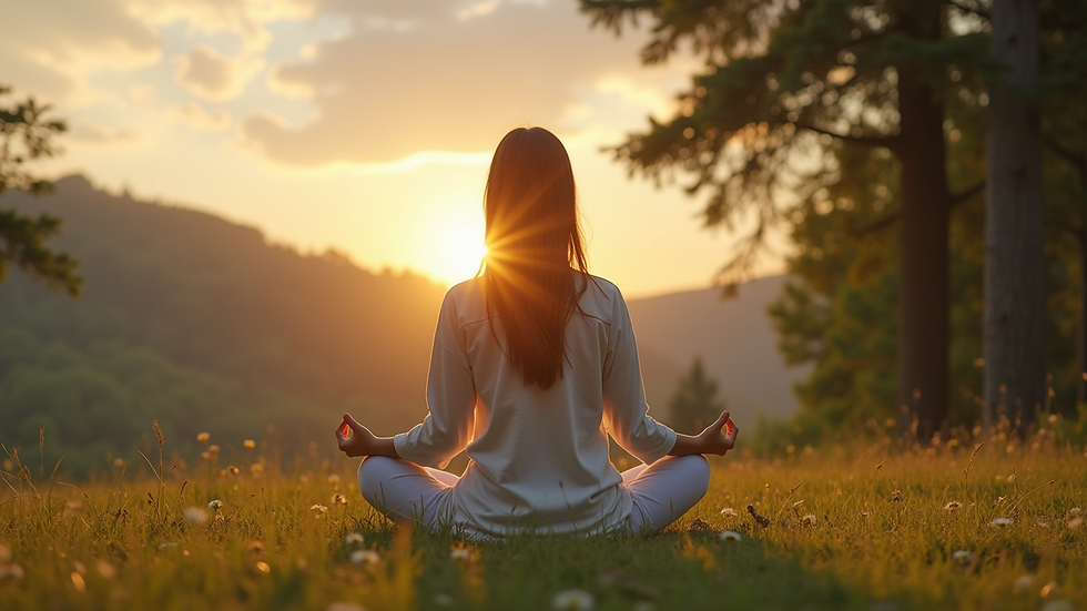 Eye-level view of a person meditating in a serene outdoor setting