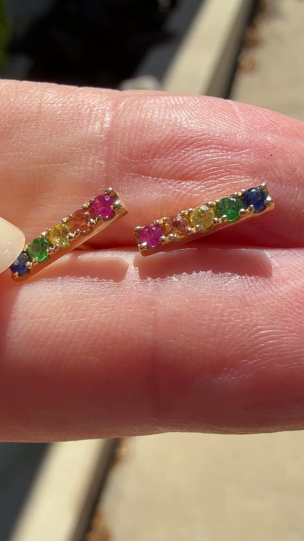 Thumbnail: 14k Rainbow Sapphire Bar Stud Earrings