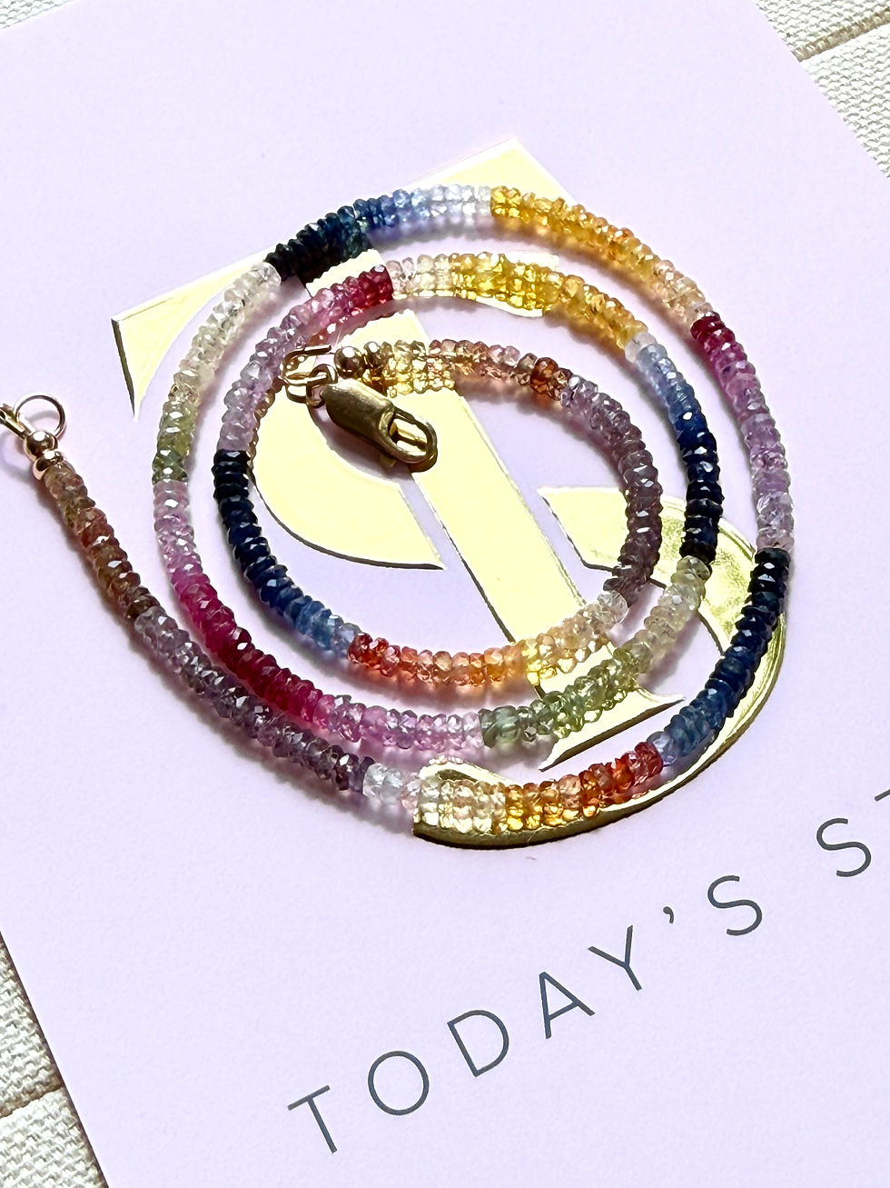 Thumbnail: Rainbow sapphire necklace, 14k gold clasp, 17 inch beaded gemstone necklace