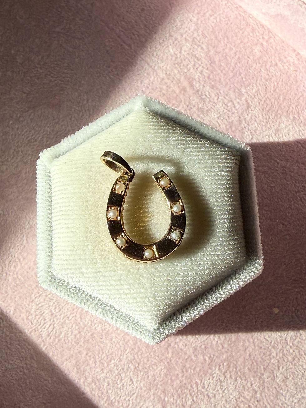 Antique 14k gold horseshoe pendant with genuine seed pearls, originally an antique brooch converted into a pendant