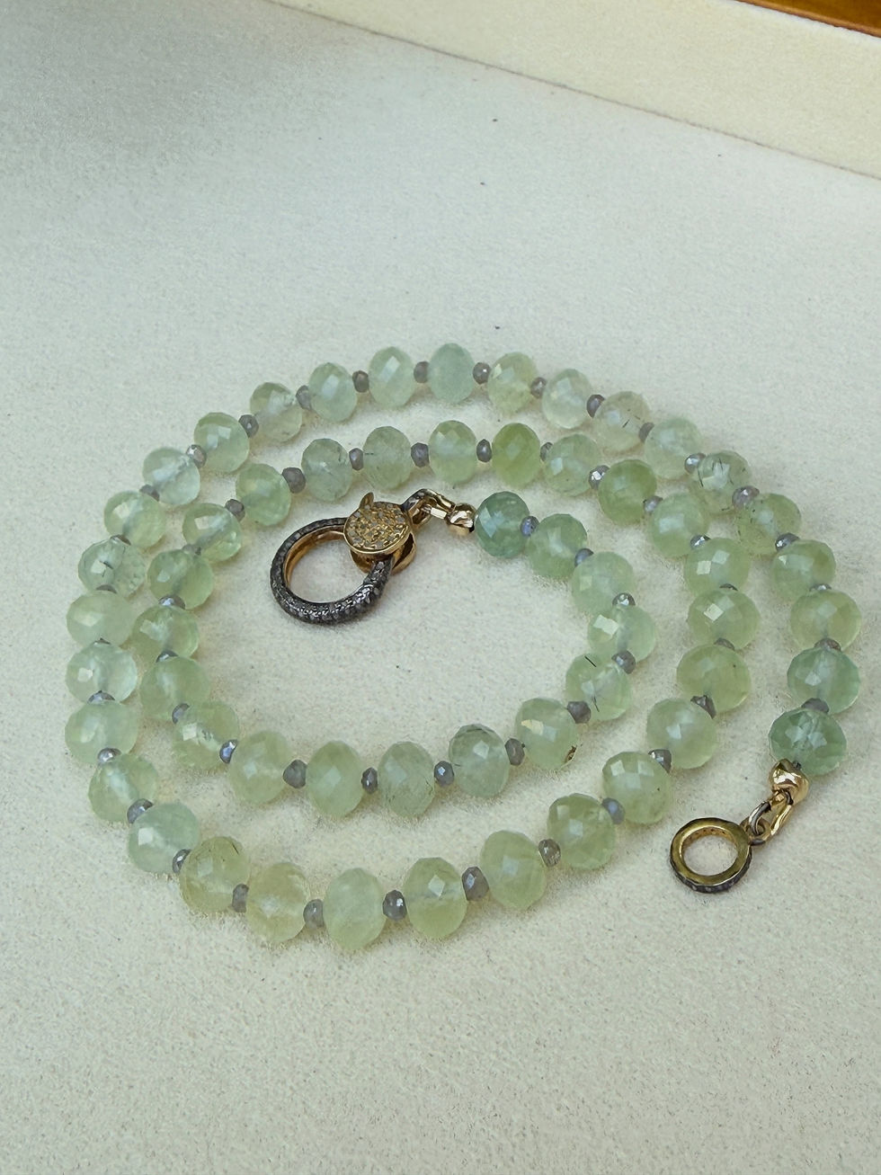 Thumbnail: 19-inch prasiolite and labradorite beaded necklace with a two-tone pavé diamond vermeil clasp.