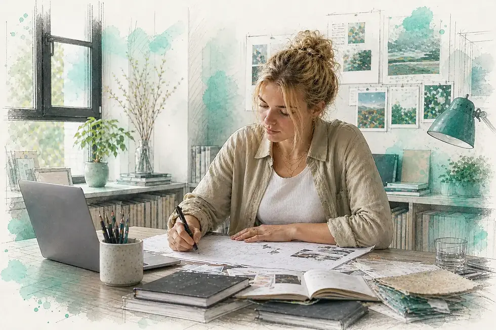 Junge Erwachsene bei der kreativen Arbeit am Schreibtisch