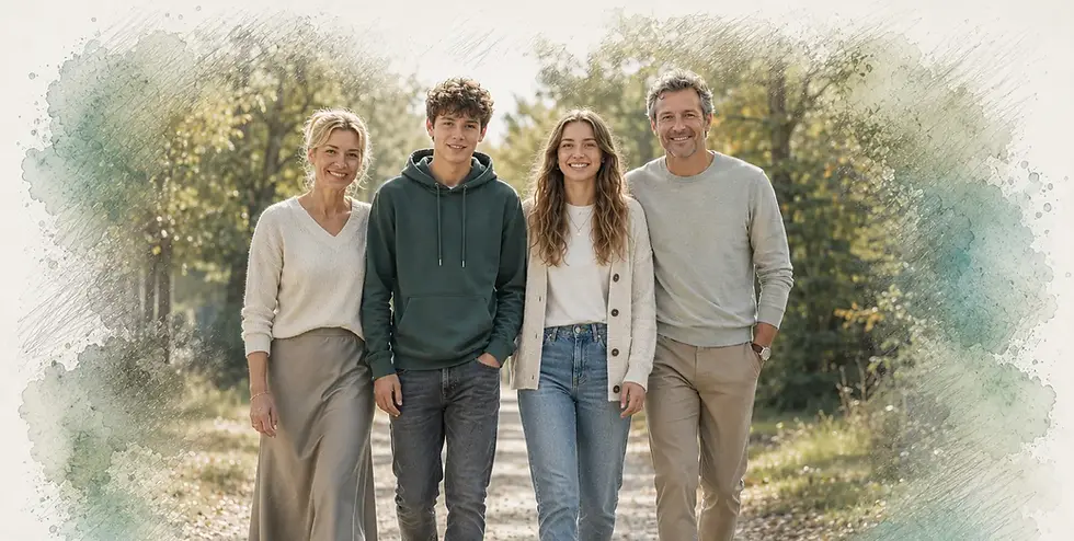 Lächelnde Familie mit zwei Teenagern im Freien