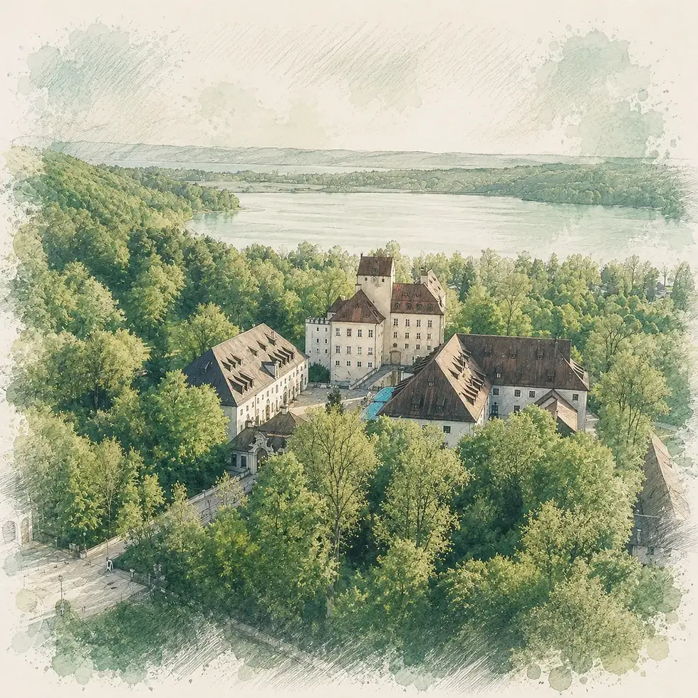 Skizze eines Schlosses am See umgeben von Bäumen.