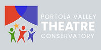 a green, a red, and a purple outline of a person under a purple and red curtain. The words Portola Valley Theatre Conservatory to the right.