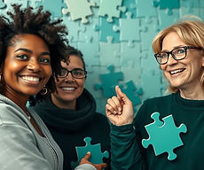 neurodivergent adults coming together using shades of teal puzzle piece(s) somewhere in th