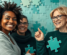 neurodivergent adults coming together using shades of teal puzzle piece(s) somewhere in th
