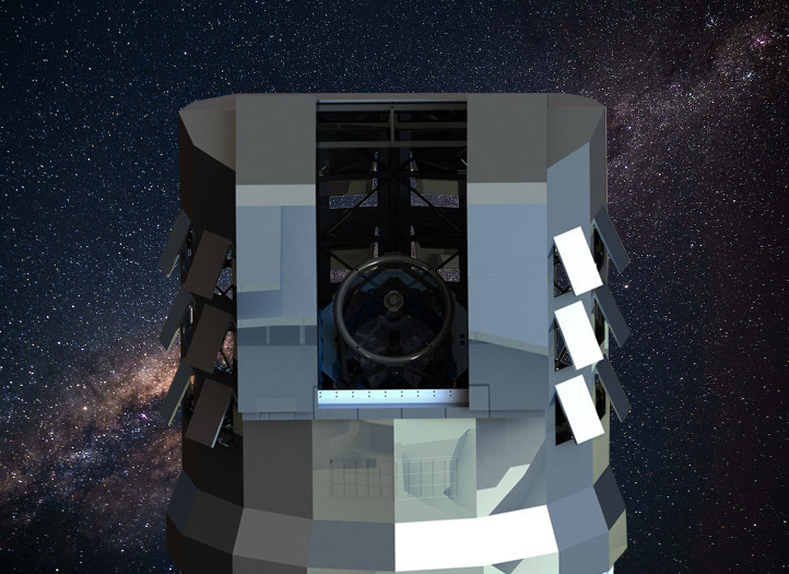 Image of a large telescope in a dome with a large shutter opening and side shutters