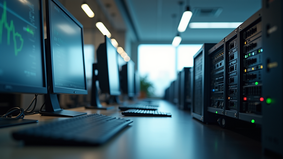 Eye-level view of a modern office with multiple computers and networking equipment