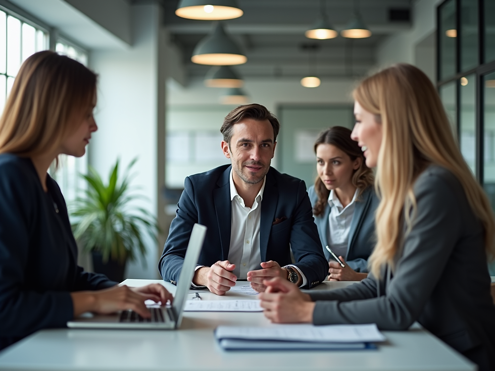 Business people talking around a desk.