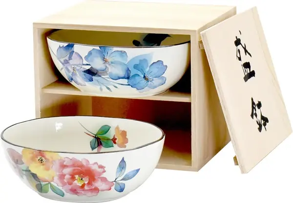 美濃燒 &藍 虹彩花・雙盛鉢木箱組 牡丹・三色堇 2入 多用途餐碗盤 日本絵付 天然木箱 送禮推薦