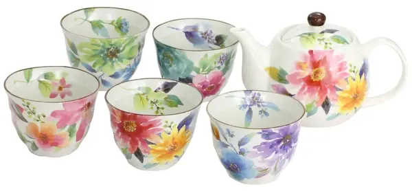 日本美濃燒 花かれん 五客茶器禮盒(煎茶碗+茶壺)日式茶具禮盒組