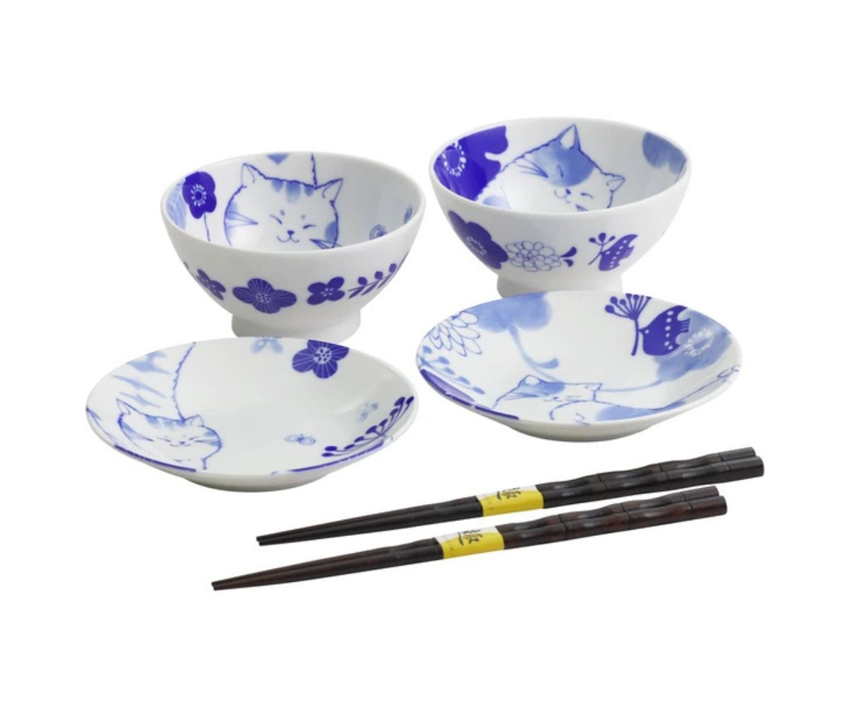 日本製 療癒貓咪雙人飯碗餐具禮盒 虎斑貓&賓士貓 飯碗×2・小皿×2・筷子×2 磁器餐具