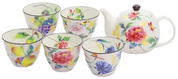 美濃燒 &藍 花胡蝶・五客茶器禮盒 五款花卉 薔薇茶壺 附茶濾 煎茶碗×5+茶壺 日式茶具禮盒組
