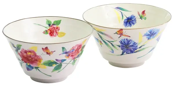 美濃燒 &藍 花胡蝶・雙人麵碗禮盒 薔薇&矢車菊 日本絵付 17cm 深碗設計 多用途餐碗 日本製
