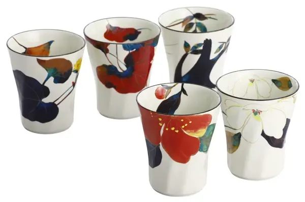 美濃燒 花かいろう五入多用途杯禮盒 山茶花・木蓮・藤・蔦・つわぶき 茶杯 咖啡杯 果汁杯 冷飲杯 230ml×5