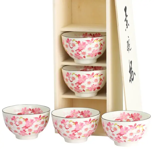 日本製 美濃燒 華笑み櫻花五入飯碗木箱禮盒 飯碗×5 日式餐具・櫻花餐具・送禮推薦