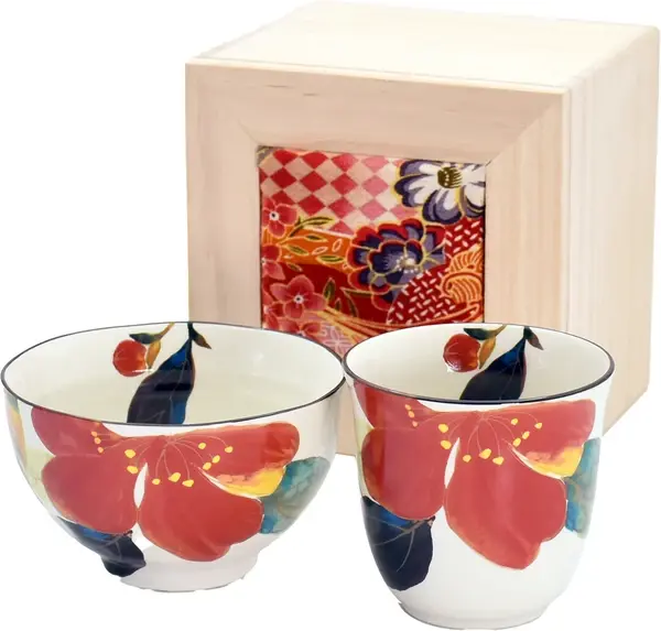 美濃燒 &藍 花かいろう・山茶花飯碗湯呑木箱禮盒 一人份 天然木箱 送禮推薦