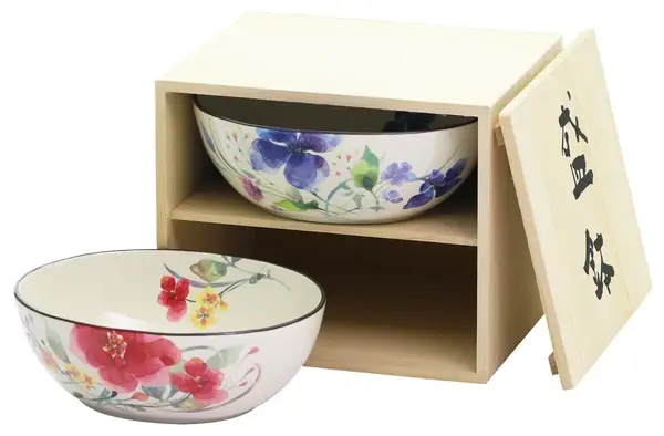 美濃燒 花水彩雙入花卉盛鉢禮盒 秋明菊・鐵線蓮 沙拉前菜各式料理餐碗盤 木箱裝