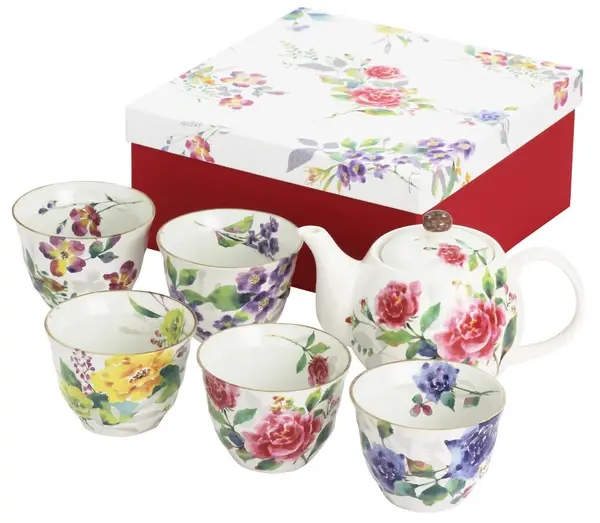 日本美濃燒 ばら吉祥 五客茶器禮盒(煎茶碗+茶壺)華麗典雅 日式茶具禮盒組
