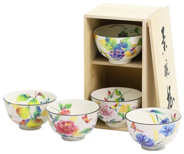 美濃燒 &藍 花胡蝶・五客飯碗禮盒 炊飯丼飯 五款花卉 雙層木箱 日本絵付