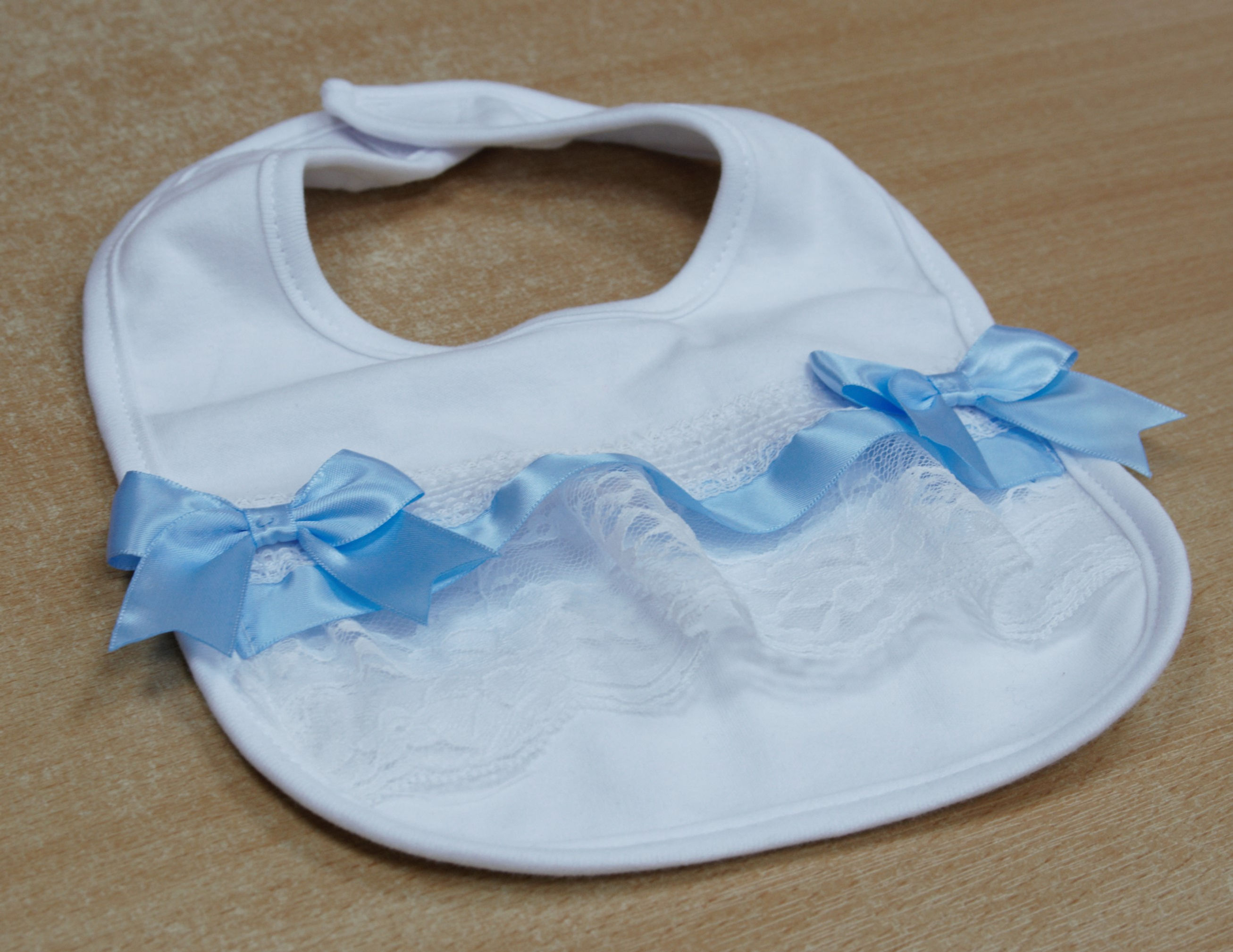 Baby Bib with Blue Ribbon and Lace