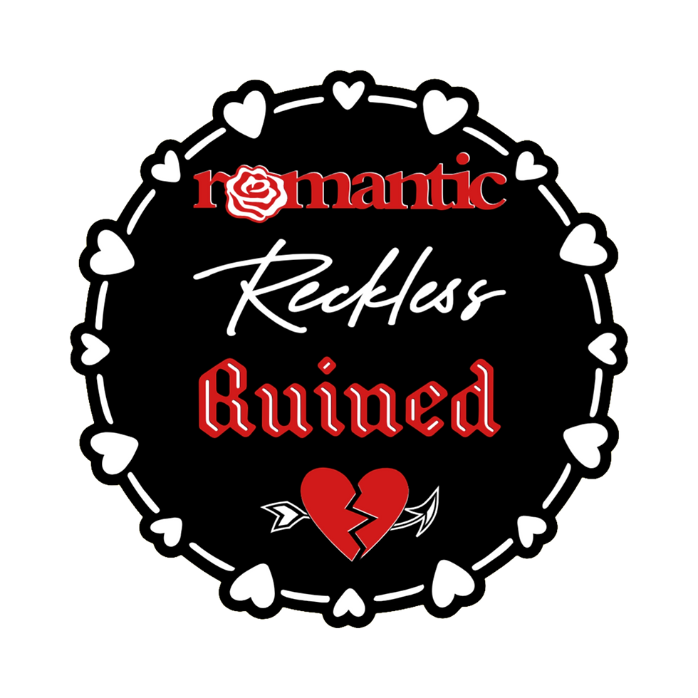 Thumbnail: 3x3 vinyl black round sticker reading ‘Romantic, Reckless, Ruined’ in black‑red‑white with holographic shine.