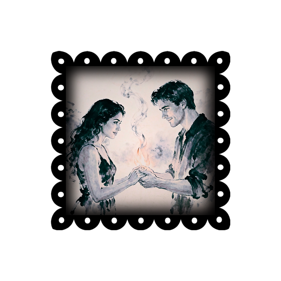 3x3 vinyl sticker of Judith and Nicholas holding a flame in black‑red‑white with holographic shine.