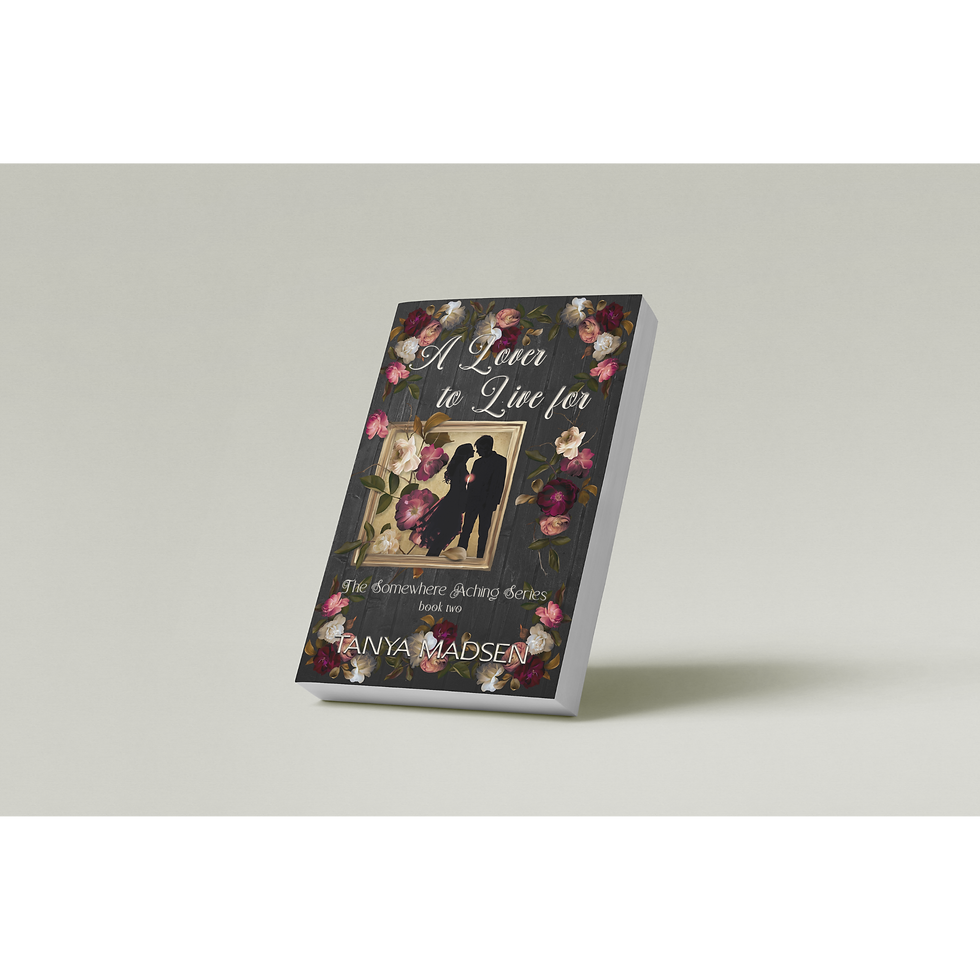 Tilted image of the front cover of A Lover to Live For, the floral theme and silhouette against a dark background
