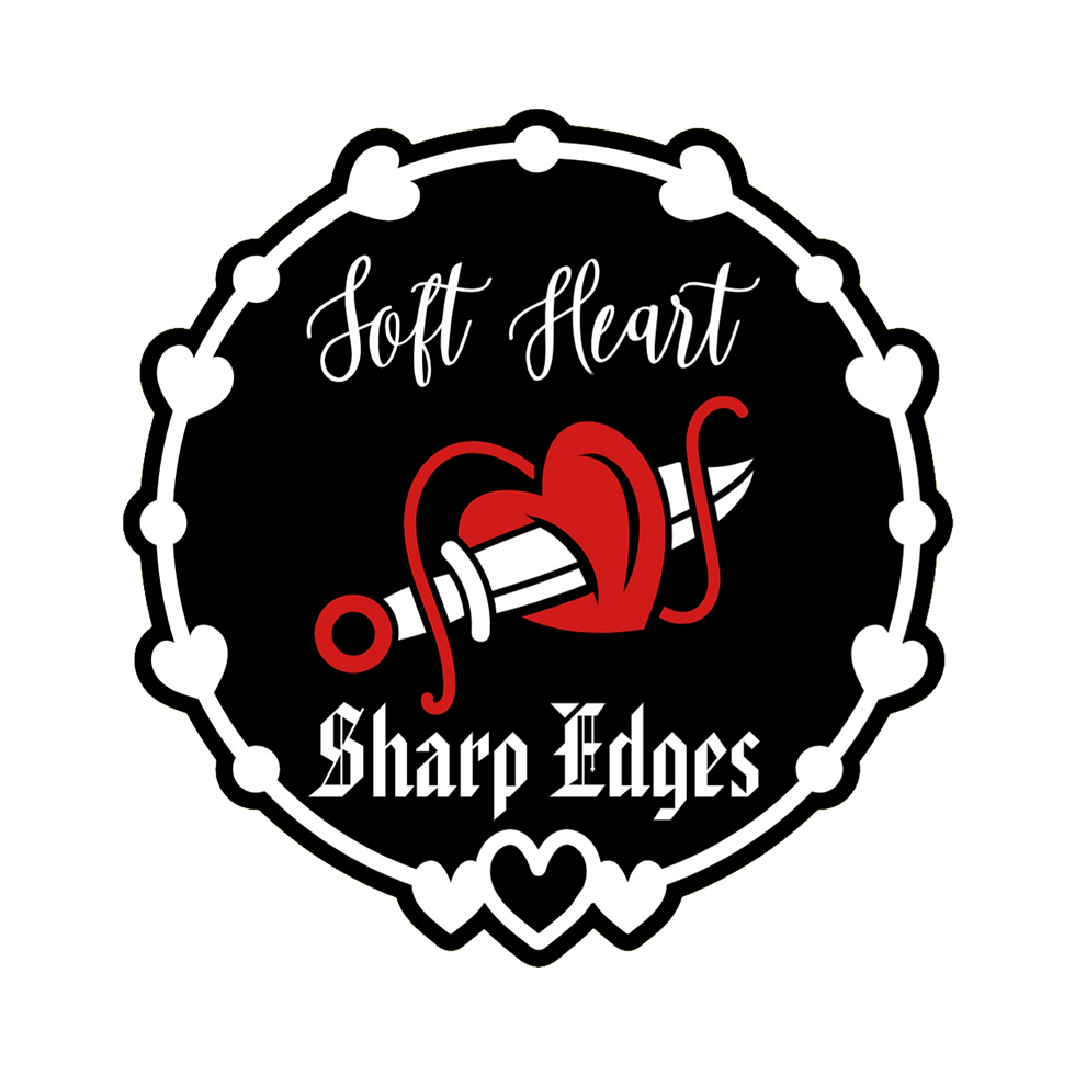 3x3 vinyl black circle sticker reading ‘Soft Heart, Sharp Edges’ in black‑red‑white with holographic shine.
