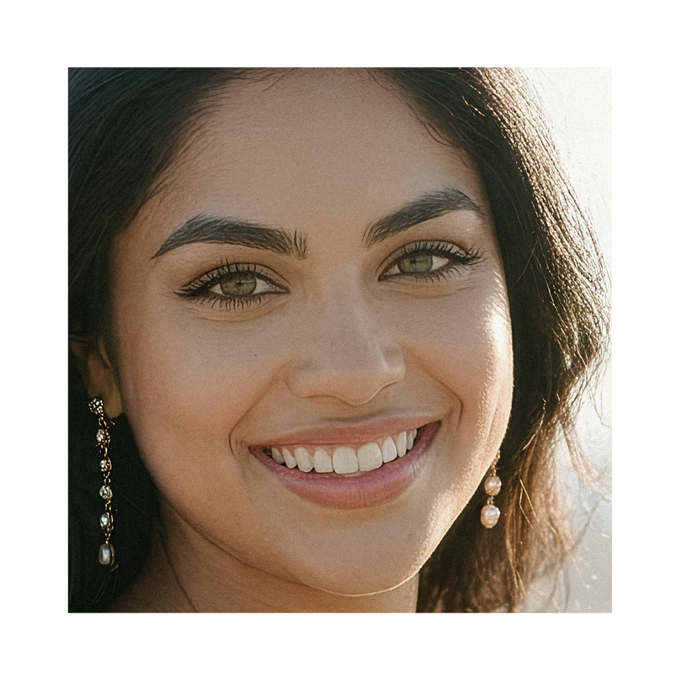 A closeup of Judith smiling at the camera, her green eye sparkling in front of the ocean wearing a burgundy dress