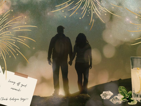 A couple stands hand‑in‑hand beneath golden fireworks in a dreamy night sky. In the foreground, two handwritten notes and a glass of lemonade rest on a dark surface, suggesting creativity, planning, and celebration.