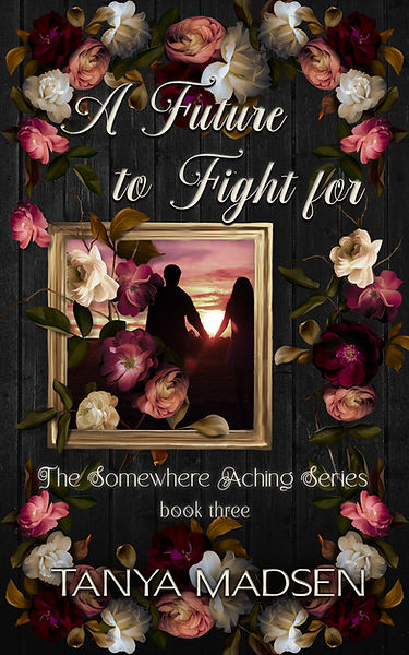 The book cover for A Future to Fight For features decadent flowers surrounding the silhouette of a couple holding hands, star