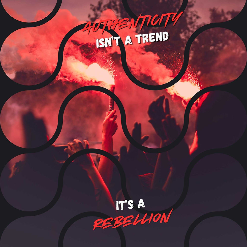 Hands holding red flares in a dark, smoky atmosphere with bold text that reads ‘Authenticity isn’t a trend, it’s a rebellion.'