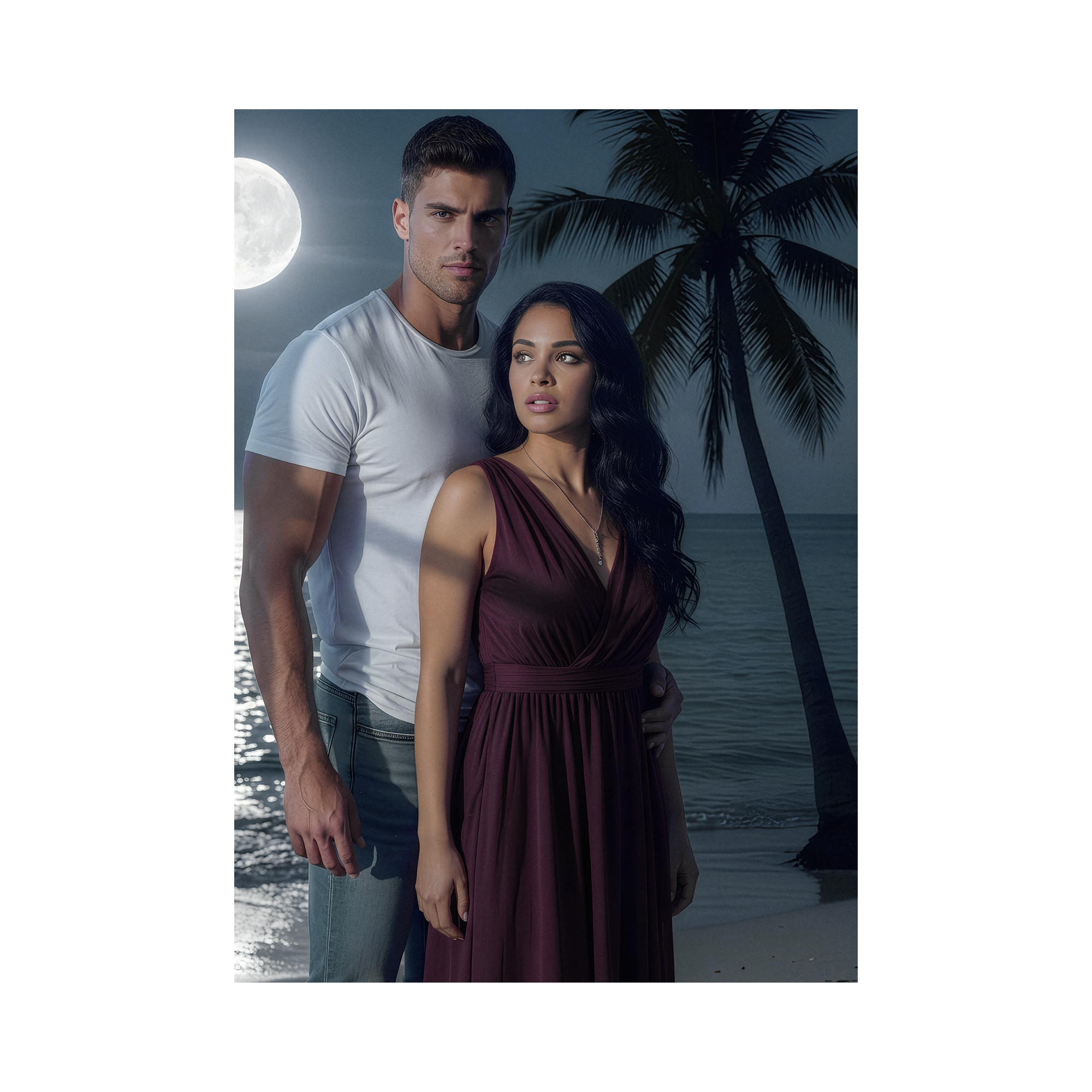 A photo of Justin holding Judith protectively while she stares into the camera, the moon reflecting her unhappiness