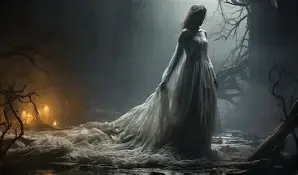 Figure in a flowing translucent gown standing in a misty forest, softly illuminated from above, surrounded by twisted bare trees and faint orange glow, evoking a gothic and ethereal atmosphere.