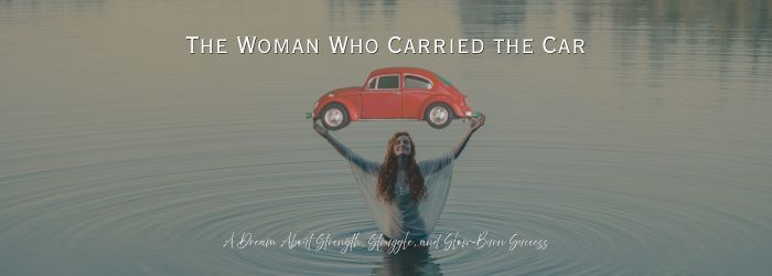 A woman carrying a red car