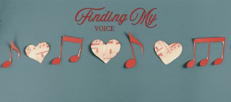 Red hearts and music notes against a teal background