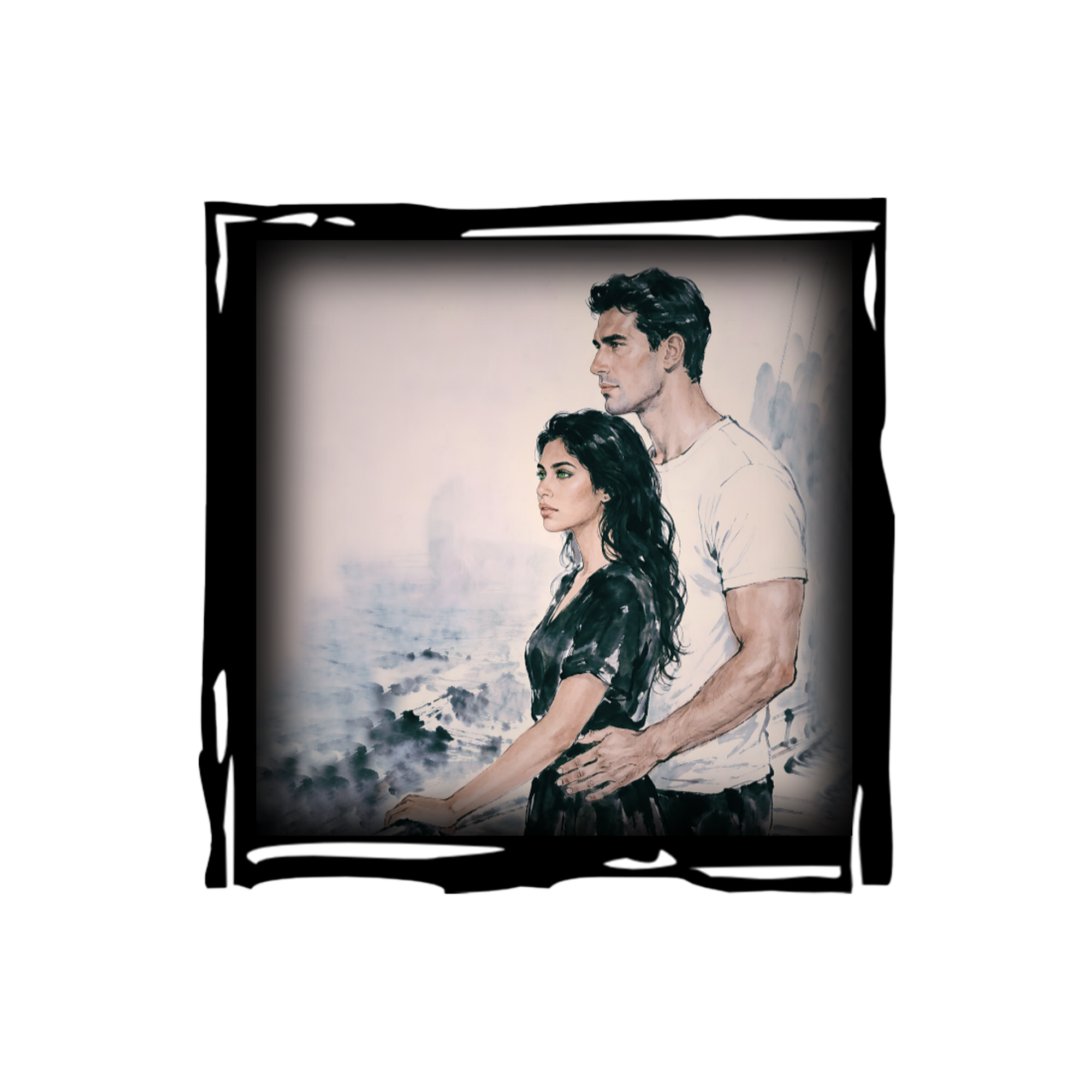 3x3 vinyl sticker of Judith held by Justin, staring at the ocean, black‑pink‑white with holographic shine.