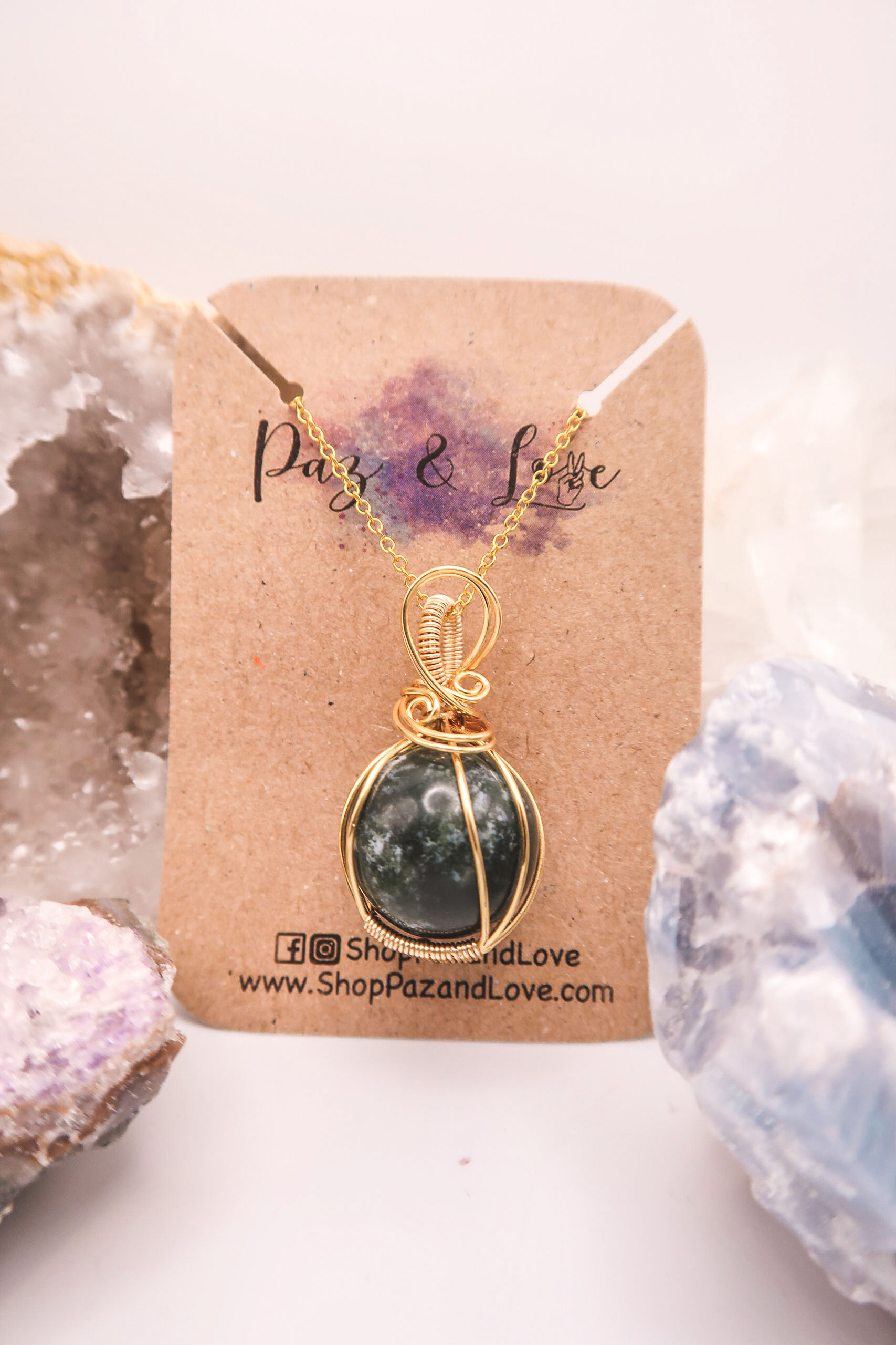 Moss Agate Sphere Pendant Necklace in Gold