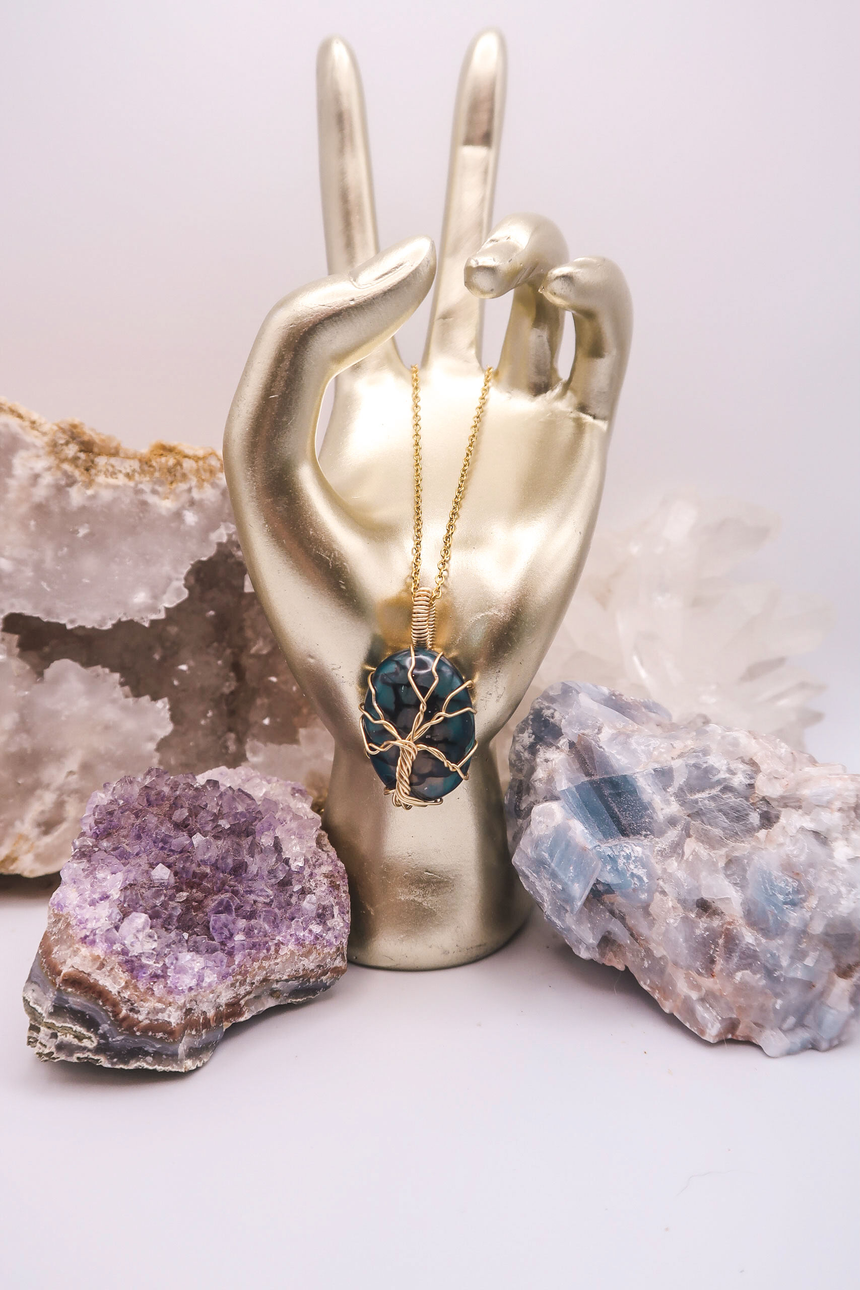 Dragon Agate Tree of Life Necklace in Gold