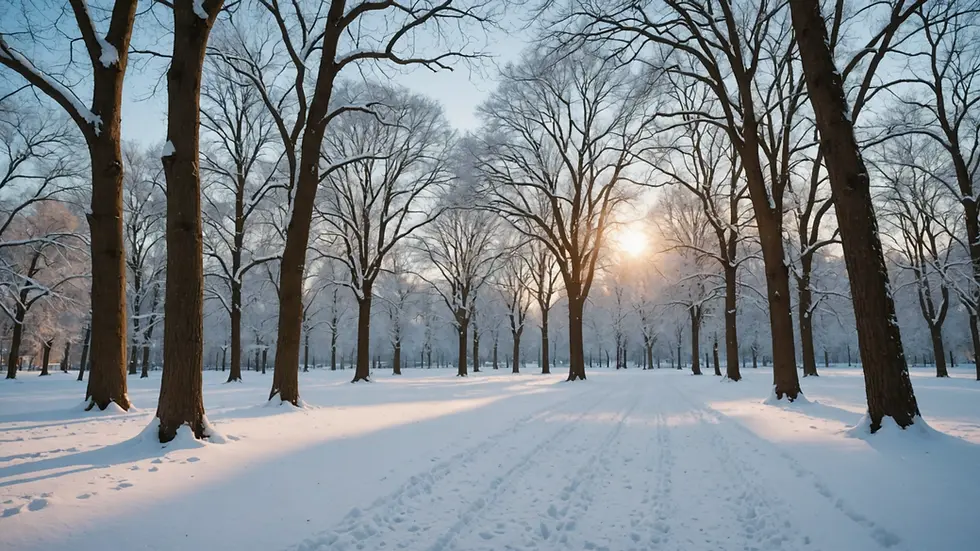 Wide angle view of a snowy park with trees