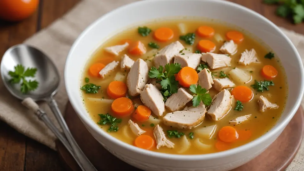 Close-up view of a warm bowl of chicken soup for a sick child