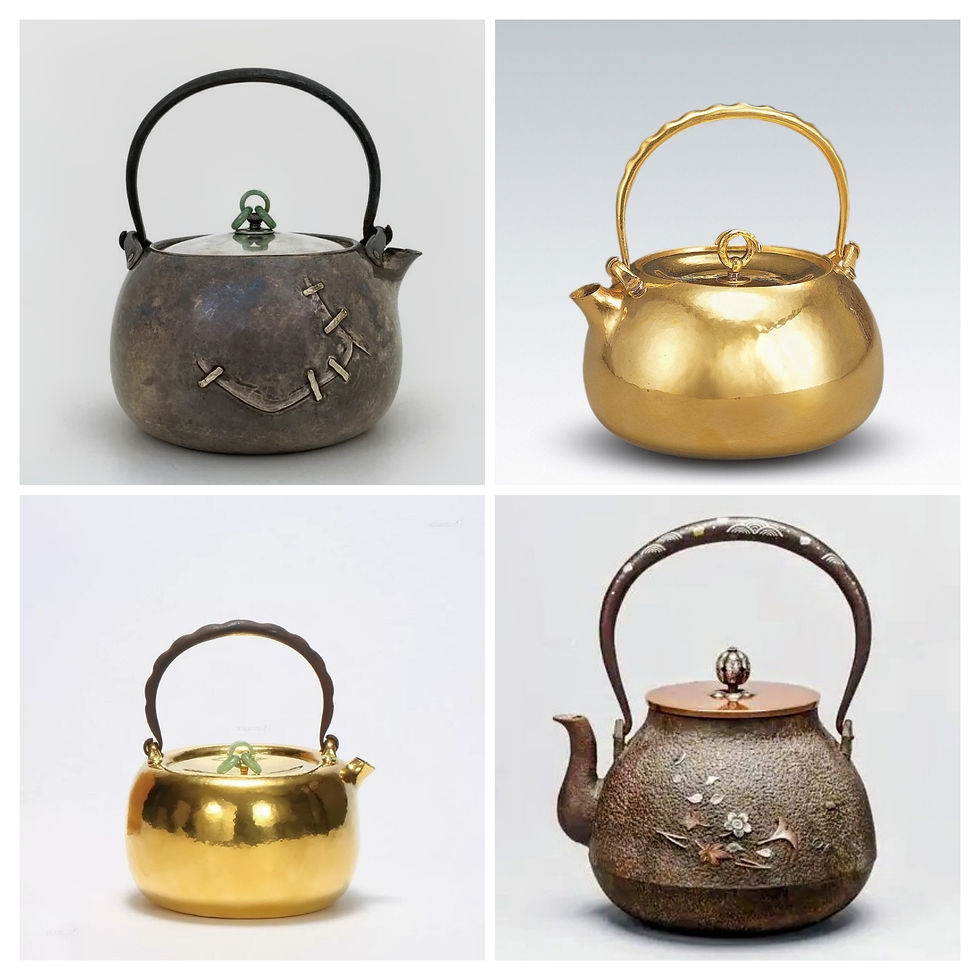 骨董品の買取査定対象となる美術工芸品の一例。鉄瓶、金瓶、古い絵画や掛け軸、珊瑚の細工物、伝統的な煎茶道具などが並んだ査定デスクのイメージ