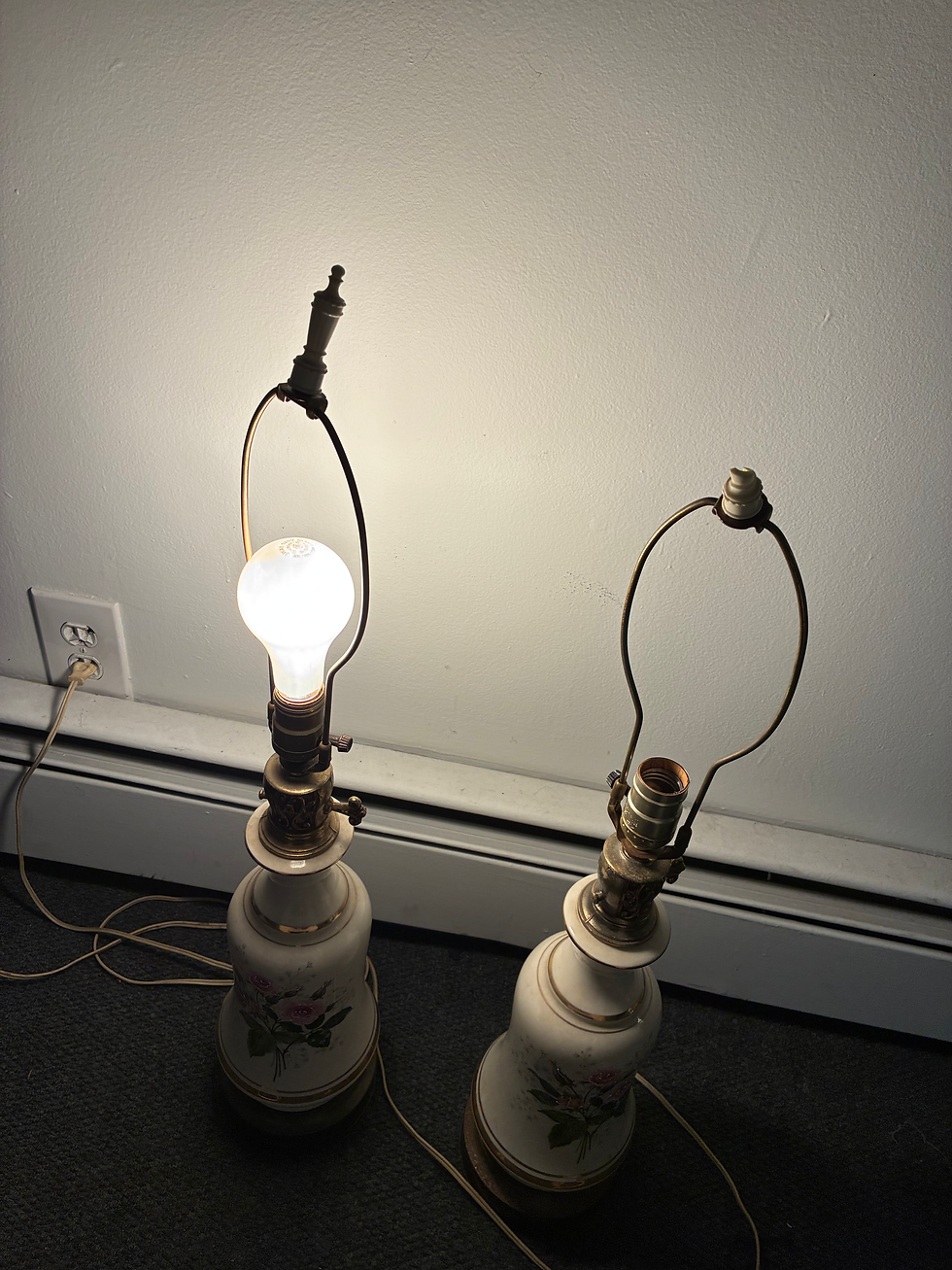 Thumbnail: Vintage Floral Ceramic Table Lamps – Matching Pair with Shades – Working Conditi