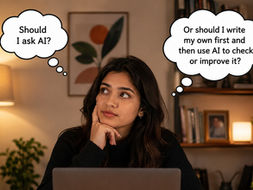 **Alt Text:** *A young woman sits thoughtfully at a desk in a cozy home office, looking away from her laptop while considering her next step. Two thought bubbles appear above her head: one asks, “Should I ask AI?” and the other asks, “Or should I write my own first and then use AI to check or improve it?” The room features a bookshelf filled with books and décor, a warm standing lamp, framed wall art, indoor plants, and a notebook on the desk, creating a comfortable and productive workspace.*