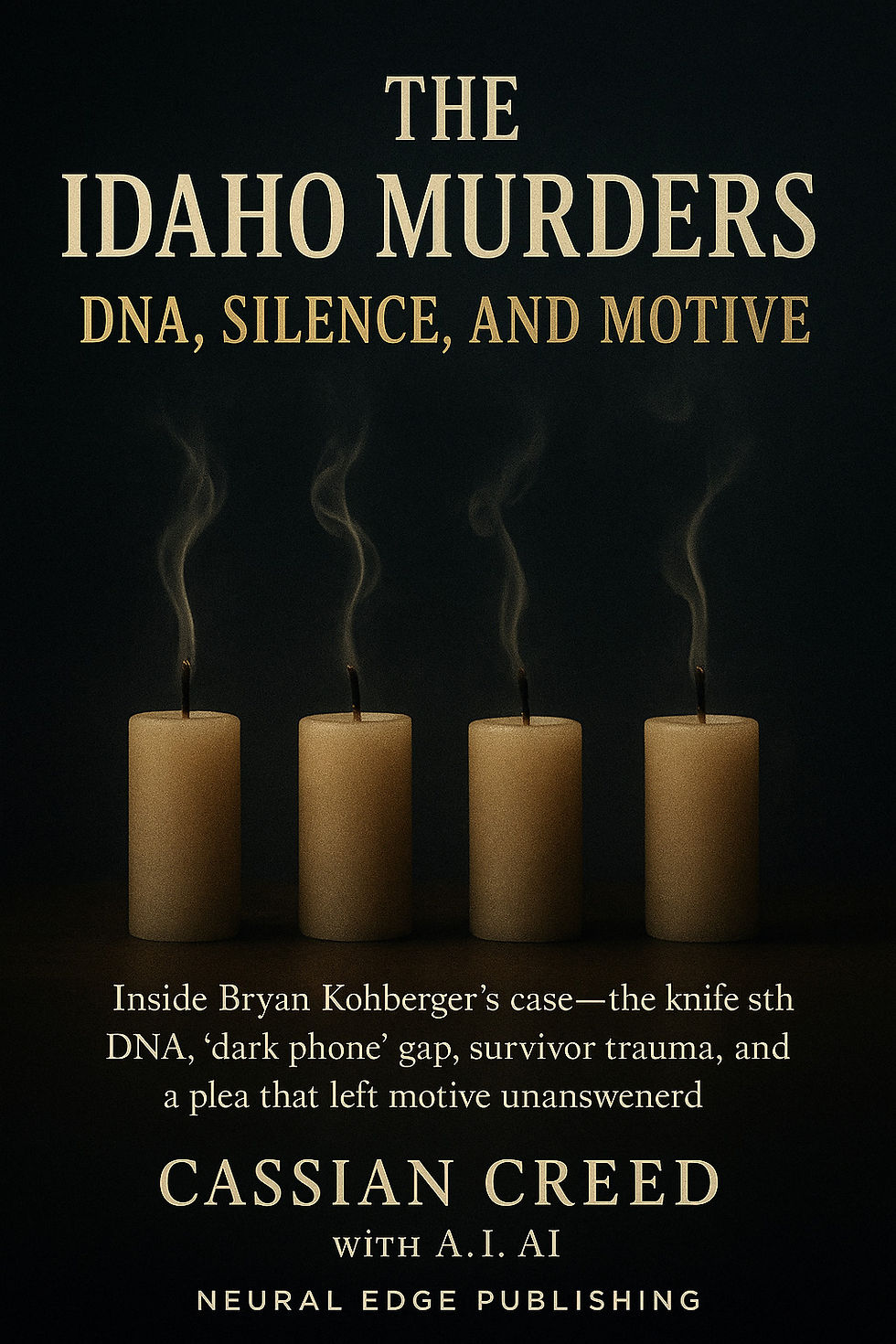 Four extinguished candles emit smoke against a dark backdrop. Text reads: "The Idaho Murders: DNA, Silence, and Motive" by Cassian Creed.