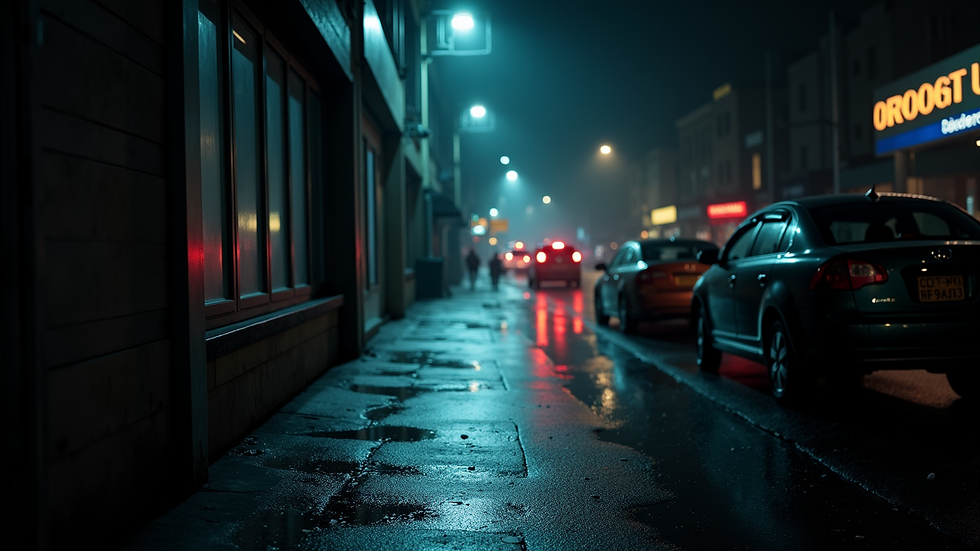 Wide angle view of a dark and moody street