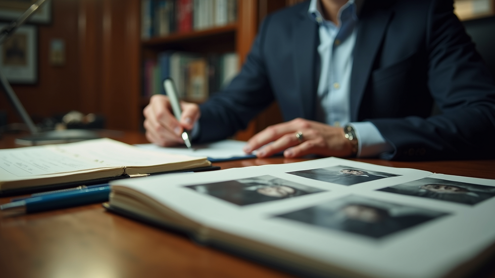 Close-up view of a detective’s desk with case files and photographs