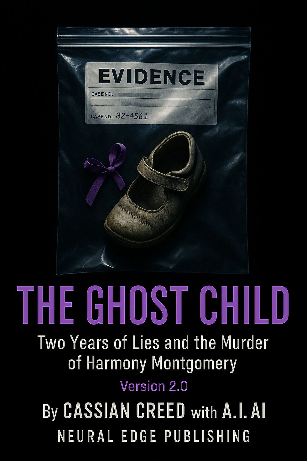 A shoe and purple ribbon in an evidence bag against a black background. Text: "The Ghost Child" and more details at the bottom.